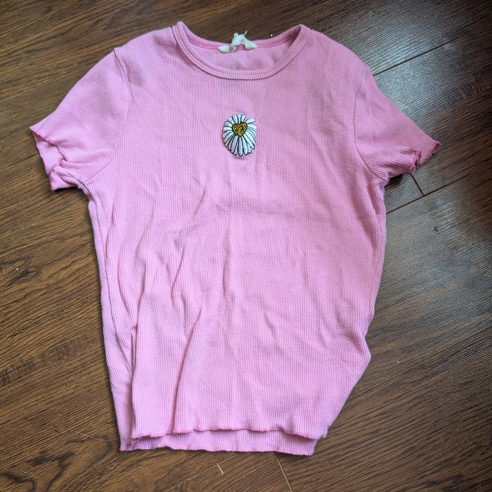 Pink T-Shirt with Daisy Embroidery
